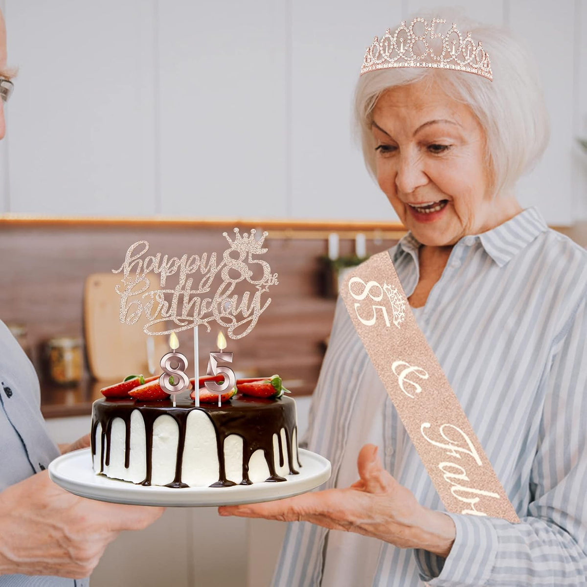 85th Birthday Party Decorations Including Sash, Crown, Numeral Candles and Cake Topper, Rose Gold