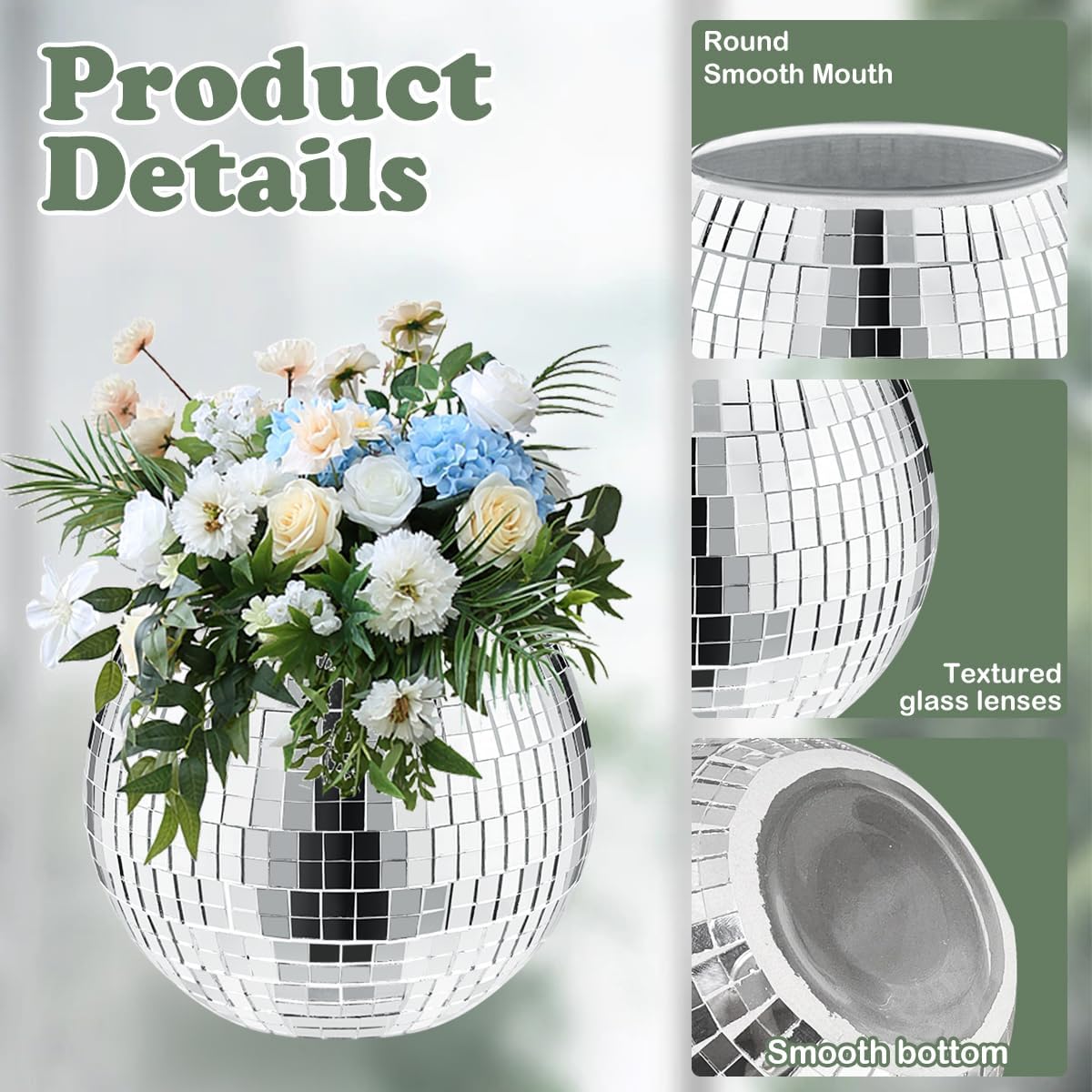 6 Pcs Disco Vase, Silver Mirror Ball Disco Ball Planter 5" X 6" Glass Silver Candle Holder White