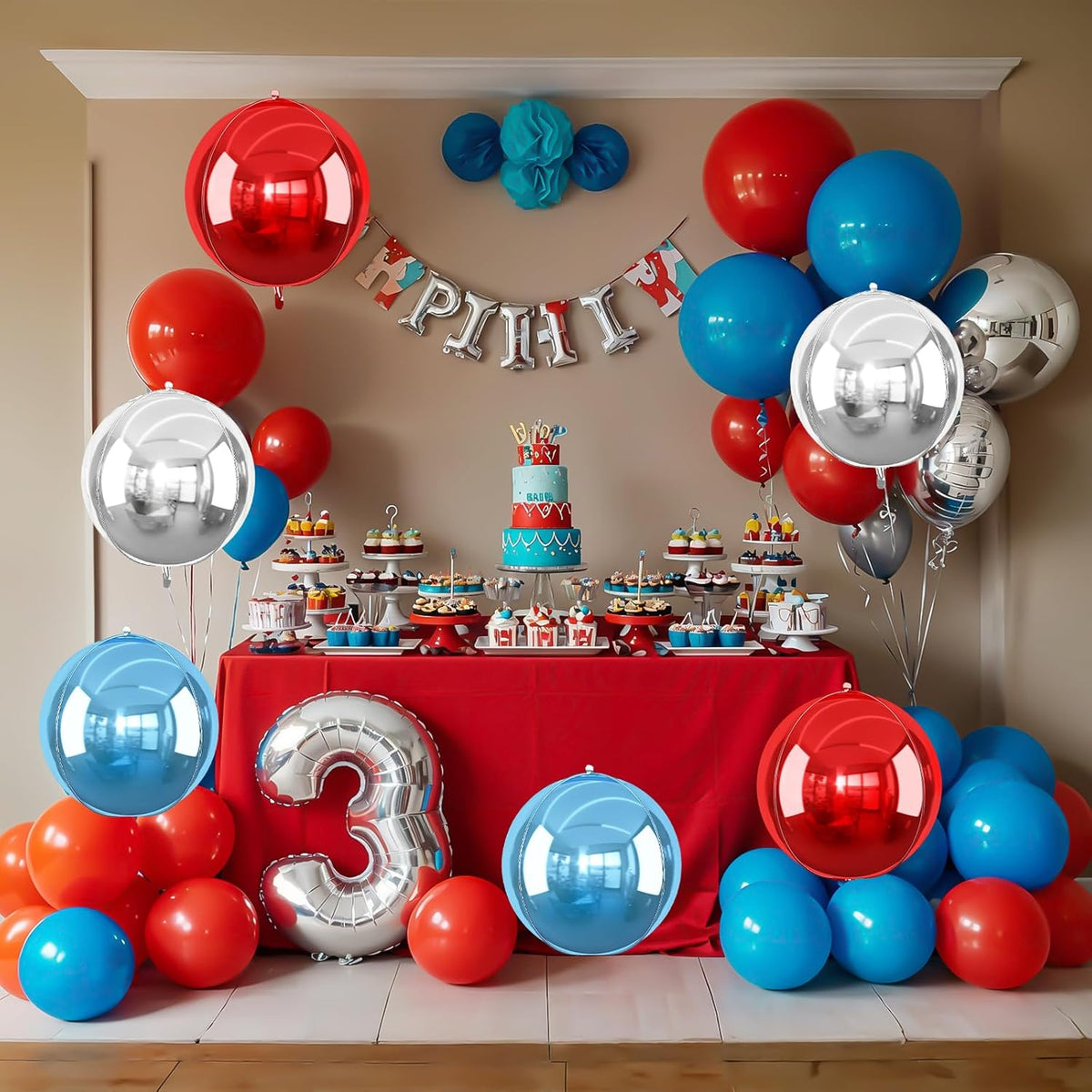 6Pcs Red Blue Silver Round Foil Balloons, 22inch 4D Metallic Balloons, Large Round Foil Ball