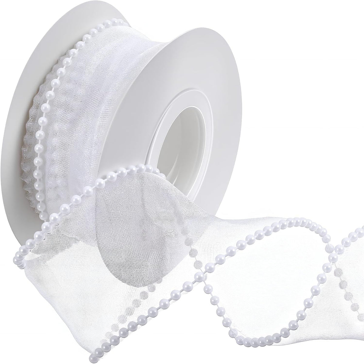 1.5 Inch Faux Pearl Ribbon, Smooth White Ribbon with Pearl Edges Wire, 4.5m Sheer Mesh Ribbons for