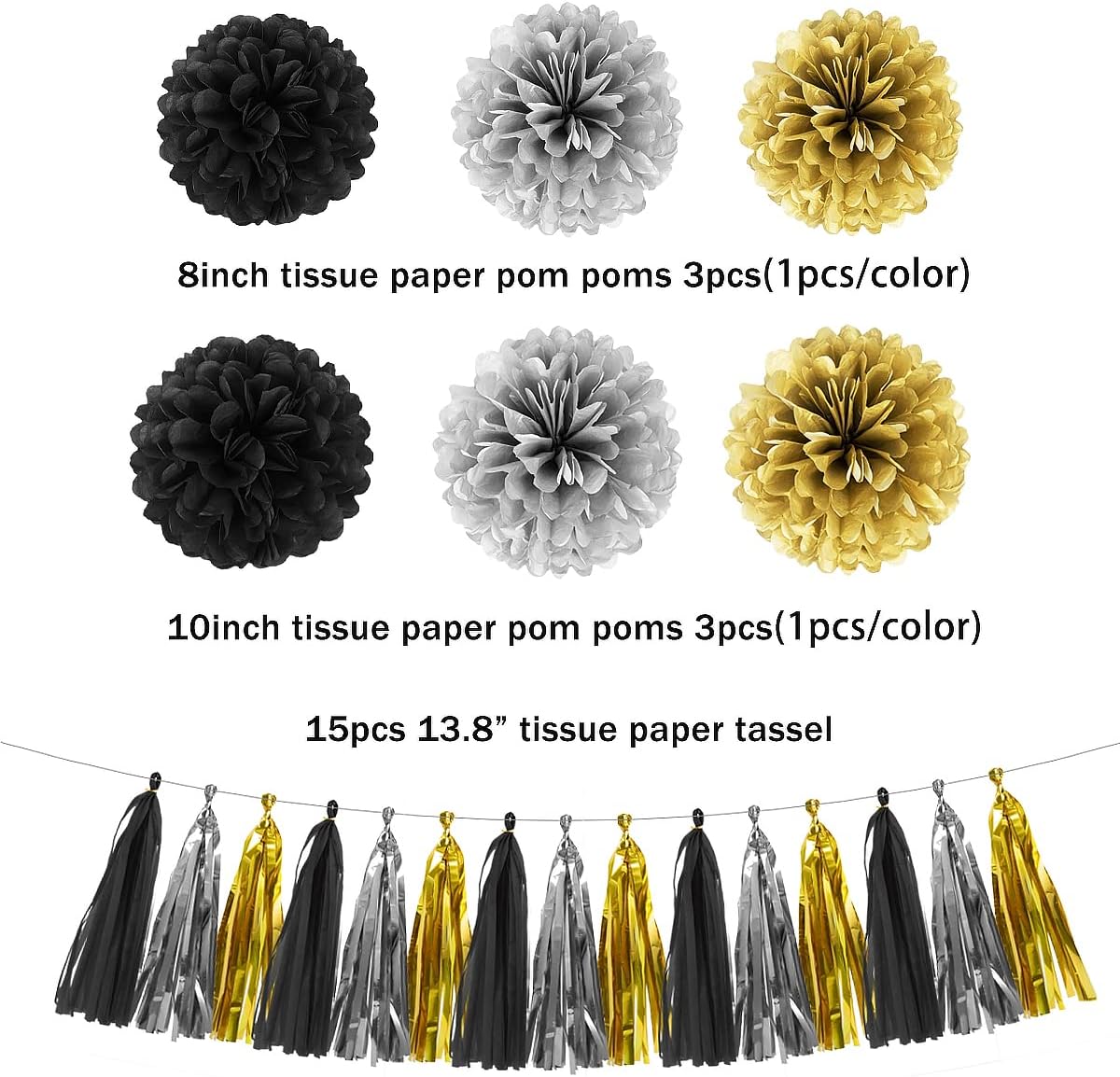 Silver Black Gold Party Decorations - 23pcs Tissue Paper Flowers Pom Poms Tassel Garland Pennant