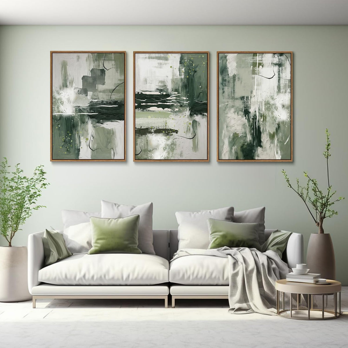 myusuar 3 Piece Large Modern Abstract Canvas Framed Wall Art For Living Room, Sage Green Minimalist