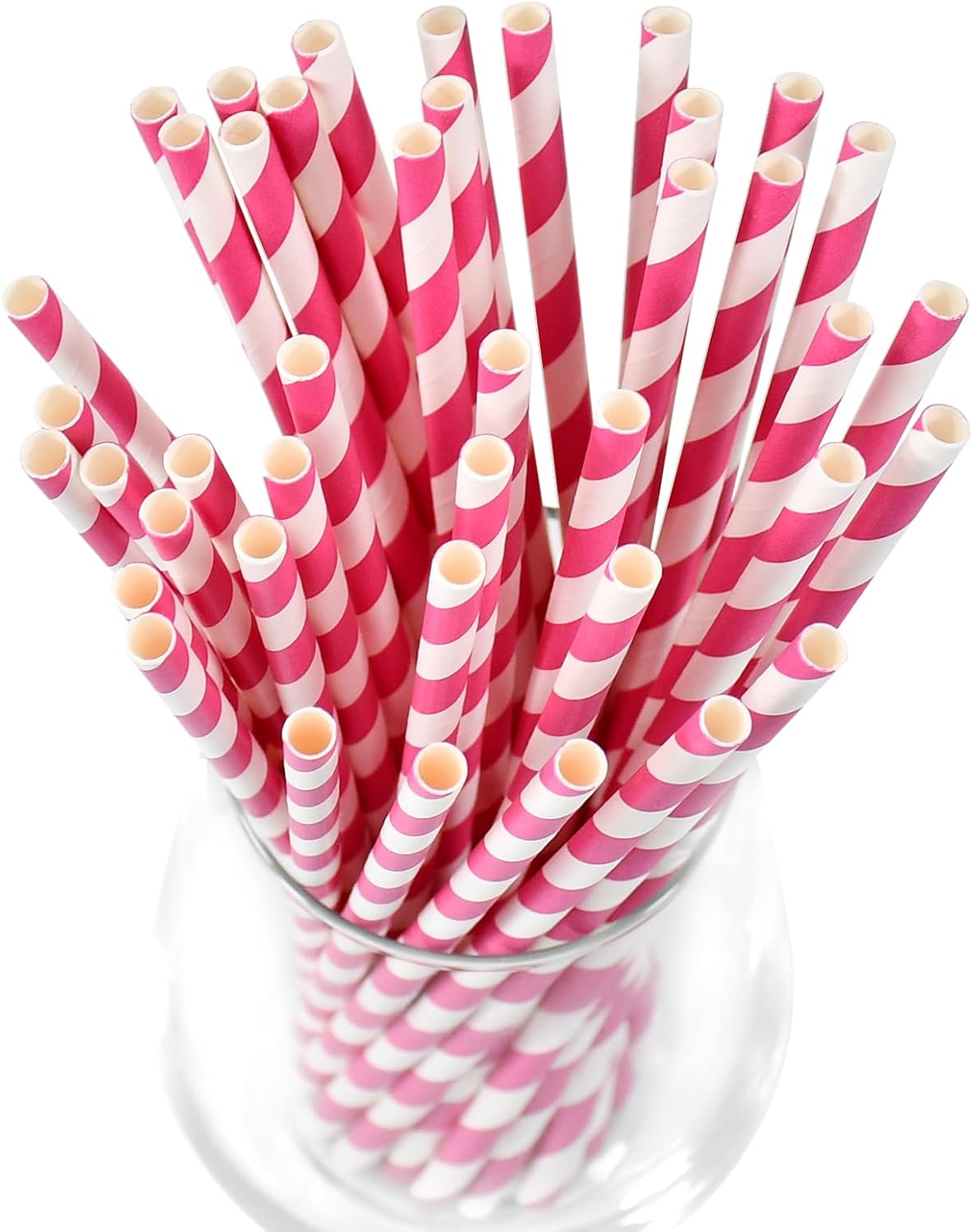 7.75 inch Hot Pink Striped Paper Straws for Drinking - Unwrapped, 100 Counts - for Party, Wedding