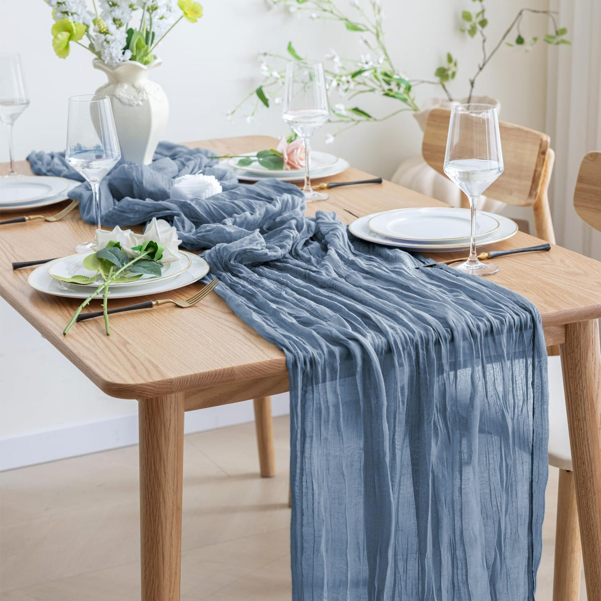 Asee'm 12pcs Cheesecloth Table Runner 120 Inches Long Dusty Blue Boho Gauze Cheese Cloth Runner