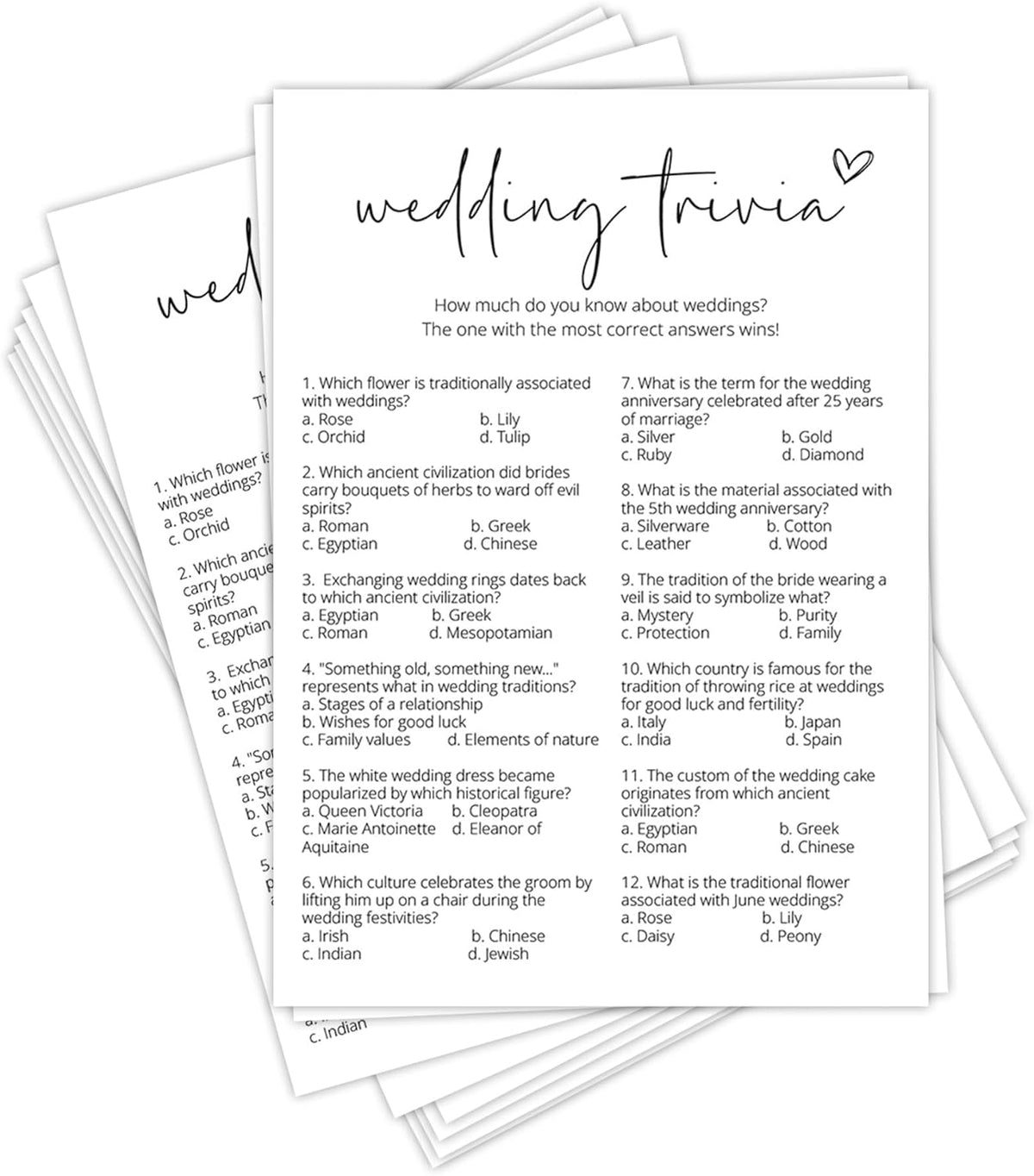 Bridal Shower Games, Wedding Trivia, 25Pcs Minimalist White Double-Sided Bridal Game Cards with 1