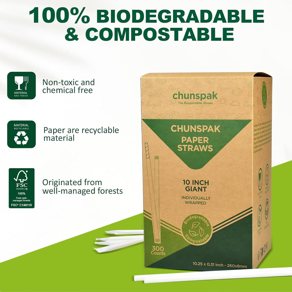 10.25" Disposable Paper Drinking Straws Individually Wrapped, 0.31" Dia. - 4 PLY Thick Heavy Duty