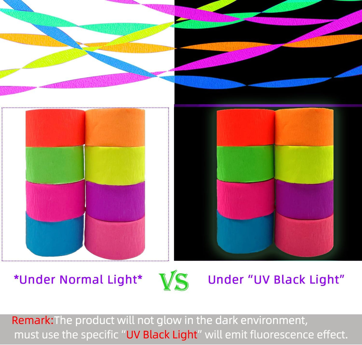 888 Feet Neon Glow Streamer Decorations - UV Reactive Fluorescent Neon Paper Streamers for Glow in