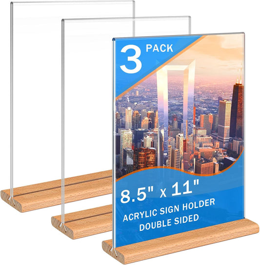 Kersally Acrylic Sign Holder 8.5 x 11, 3 Pack Double-Sided Clear Table Display Stands with Wood