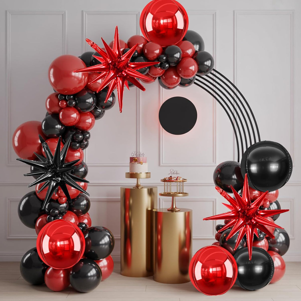 6Pcs Black Red Foil Balloons,22Inch Black Red 4D Round Ball Balloon and Explosion Star Balloon for