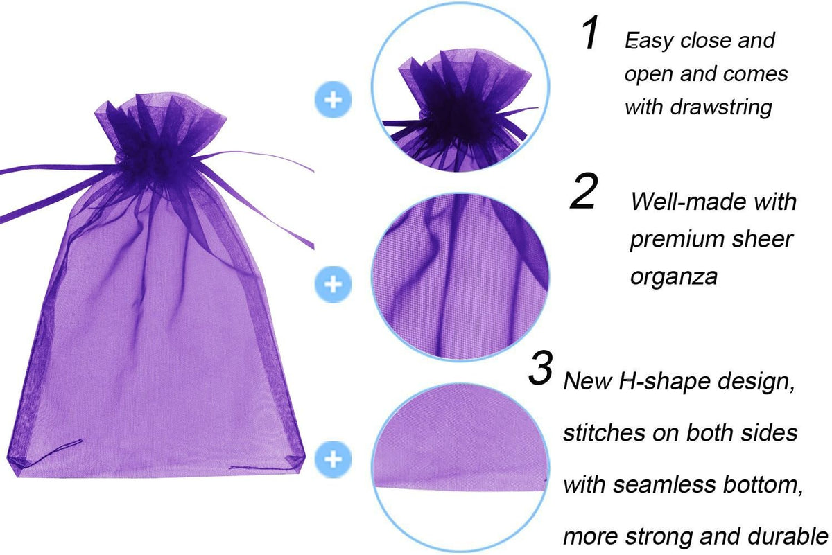 Wudygirl 100pcs Sheer Organza Bags 5‘’x7‘’ Purple Drawstring Packages License Jewelry Lipstick