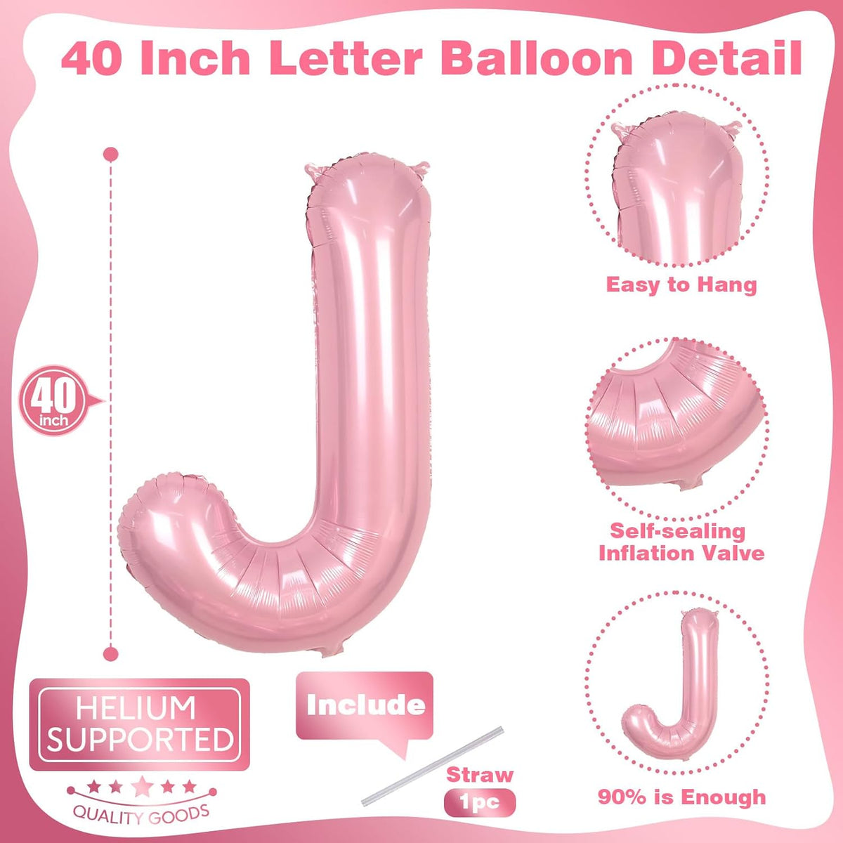 Pastel Pink Balloon Letter J, Large Mylar Alphabet J Custom Balloon Letter Pearl Pink Decor, 40
