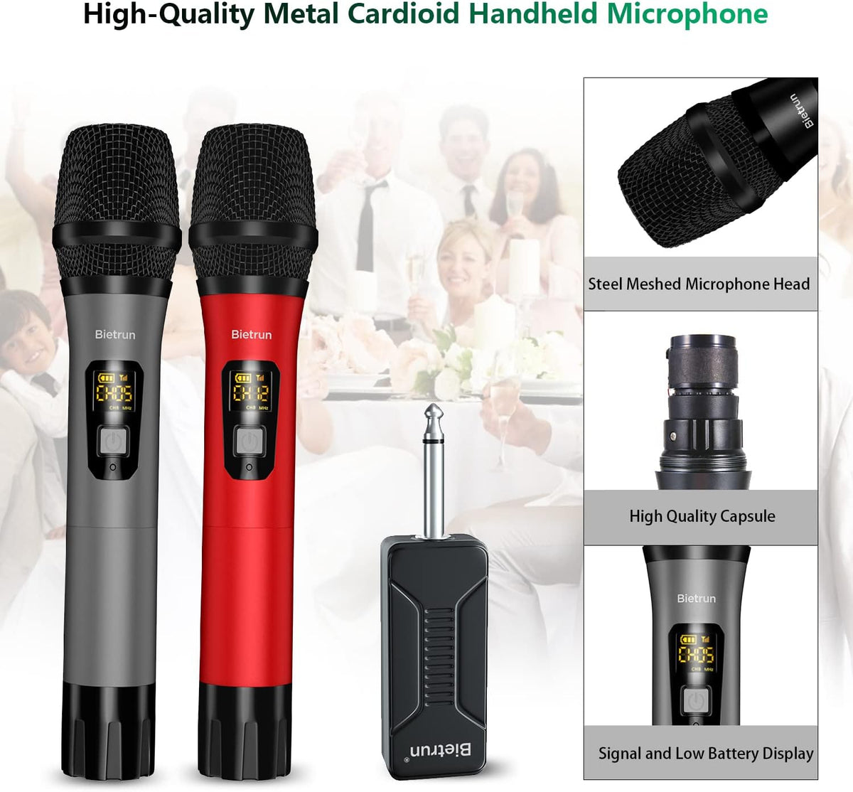 Bietrun Wireless Microphone, Professional UHF Metal Dual Handheld Cordless Dynamic Mic System Set