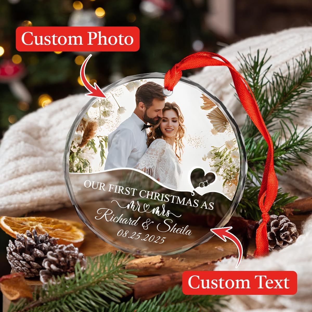 Personalized Christmas Ornaments with Names, Couple Glass Ornament, Custom Wedding Gifts for