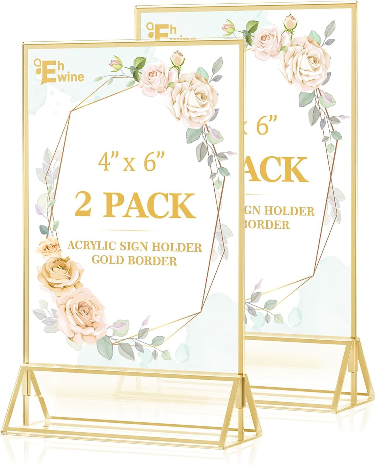 EHWINE 2 Pack Acrylic Sign Holder 4 x 6, Double Sided Gold Picture Frame Stand up Table Top Sign