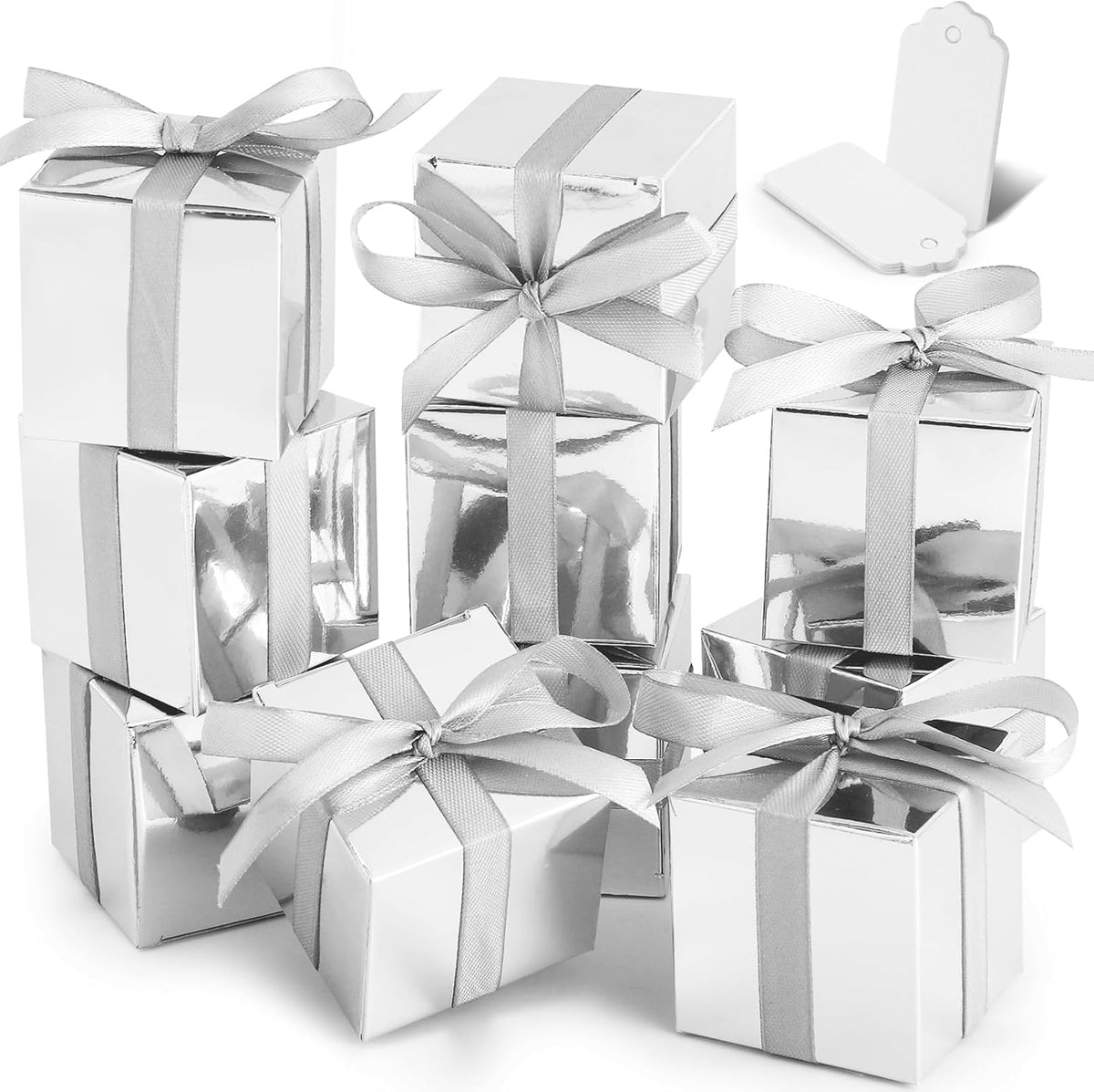 COCPOK 50 Pack Silver Gift Boxes, 2x2x2 inch Gift Box, Small Candy Boxes with Lids and Ribbons