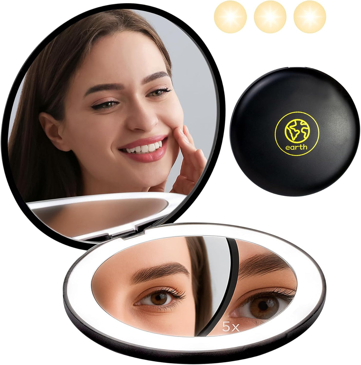 LanJo Lighted Compact Mirror with 1X/5X Magnification, Stepless Dimming & 3 Adjustable Light