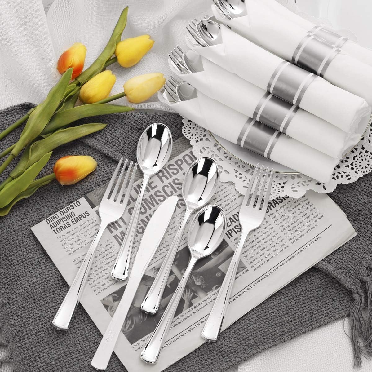 400PCS Pre Rolled Silver Plastic Silverware Sets - Heavy Duty Silver Cutlery - Include 100 Pack