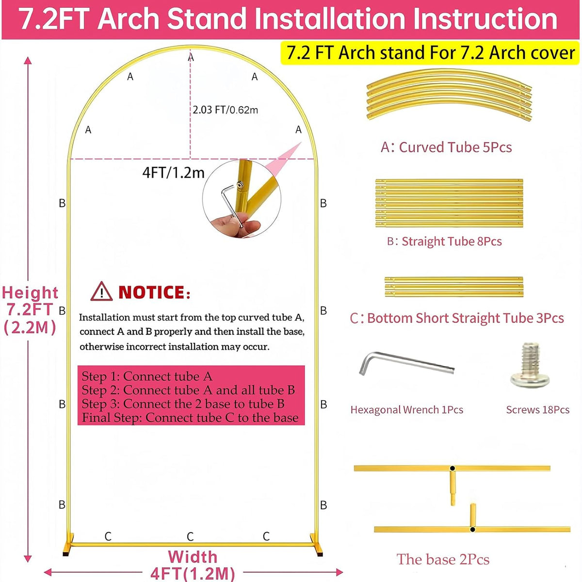 Metal Arch Backdrop Stand 7.2FT Gold Wedding Balloon Arched Backdrop Stand Square Arch Frame for