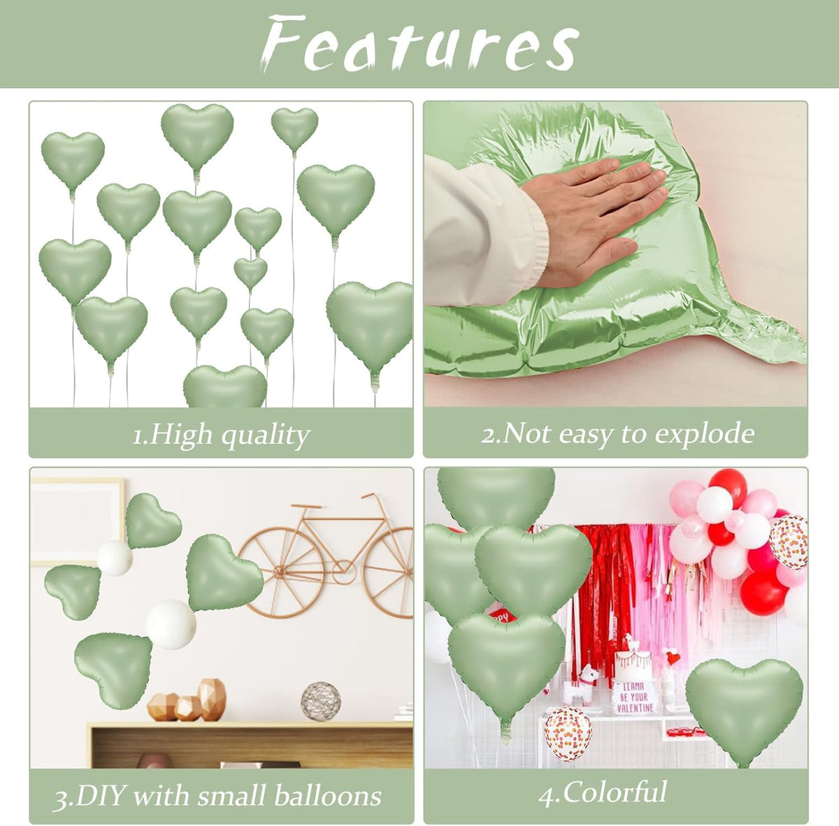 Sage Green Heart Balloon, 10PCS Green Foil Heart Balloons, 18inch Olive Green Heart Shape Balloons