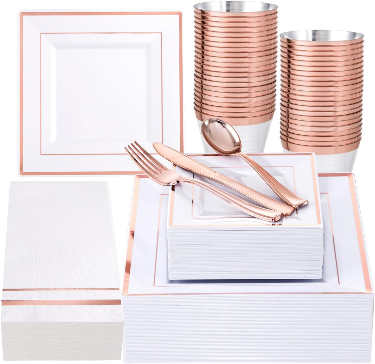Festiva 350Pcs Rose Gold Plates and Napkins Party Supplies-Square White and Rose Gold Disposable