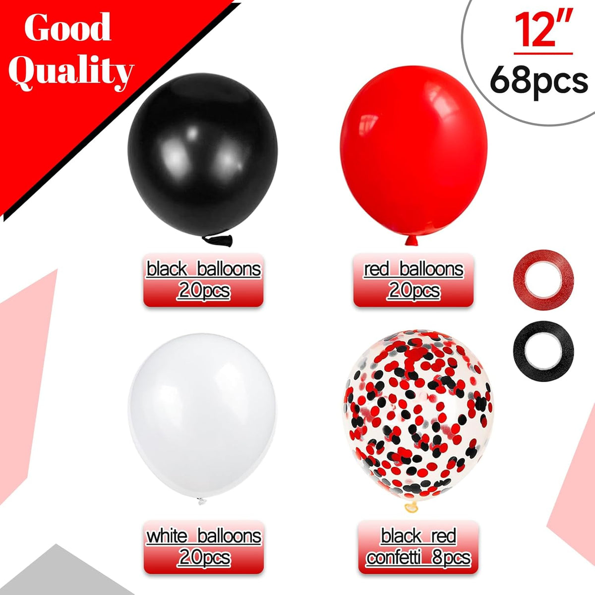 68Pcs Red Black White Latex Balloons 12 Inch with Black Red Confetti Balloons for Birthday