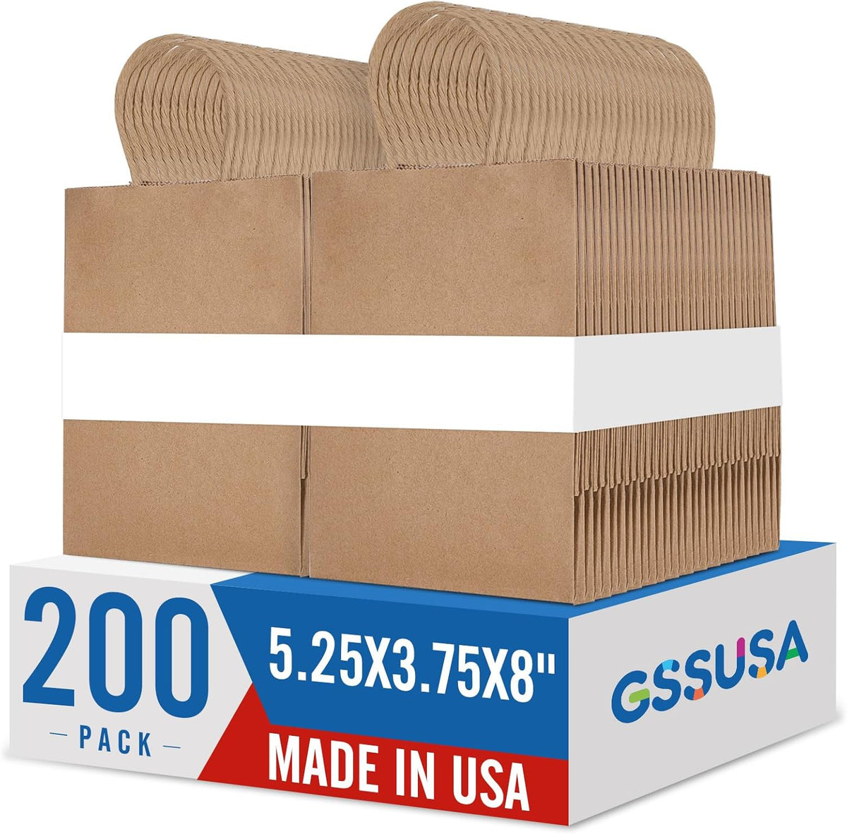 GSSUSA 200 Pack Brown Paper Bags 5.25x3.75x8 Inch Small Gift Bags with Handles Bulk, Brown Kraft
