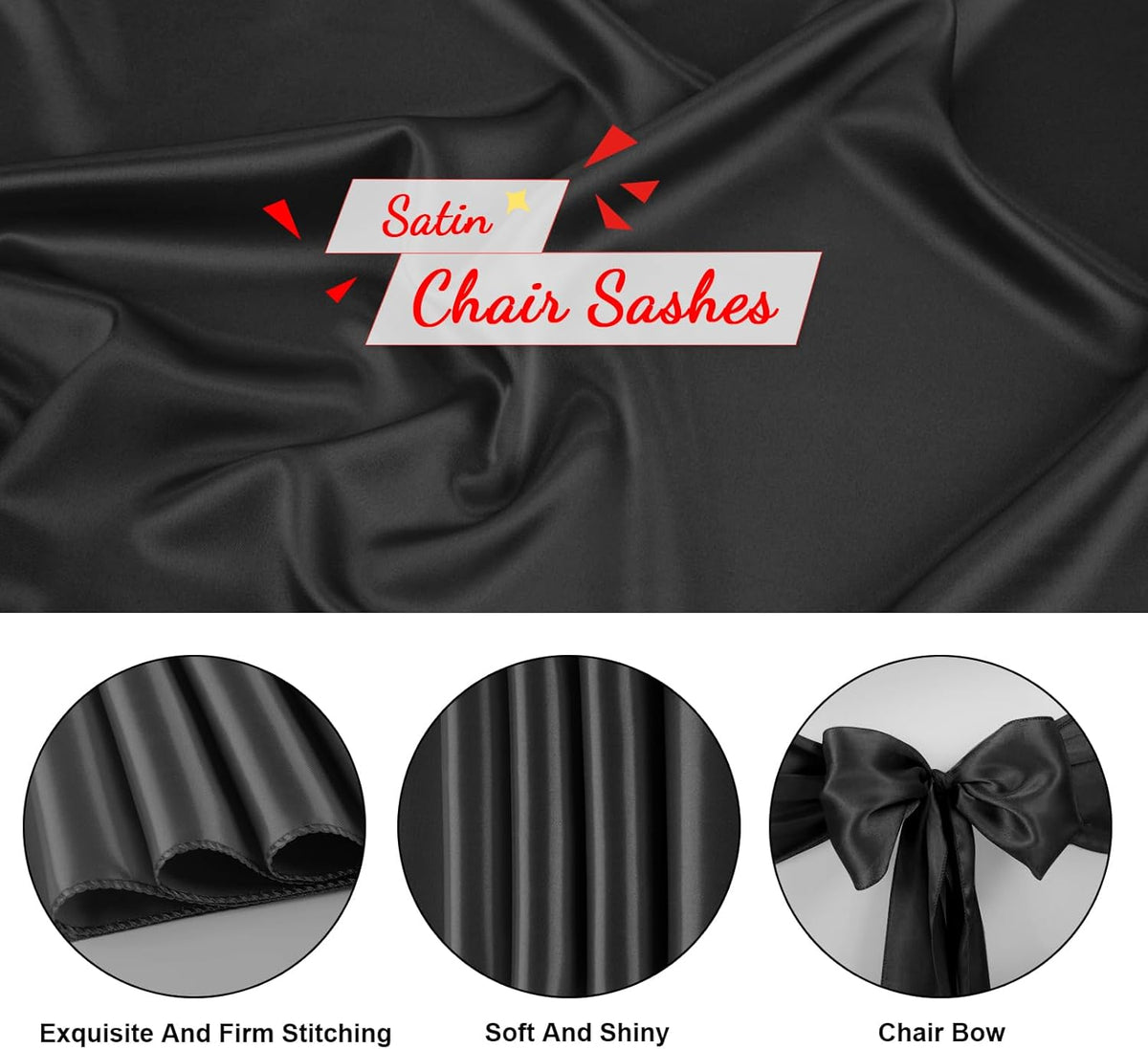 10 PCS Black Satin Chair Sashes Bows Universal Chair Ribbon Ties Back Sash for Wedding Party