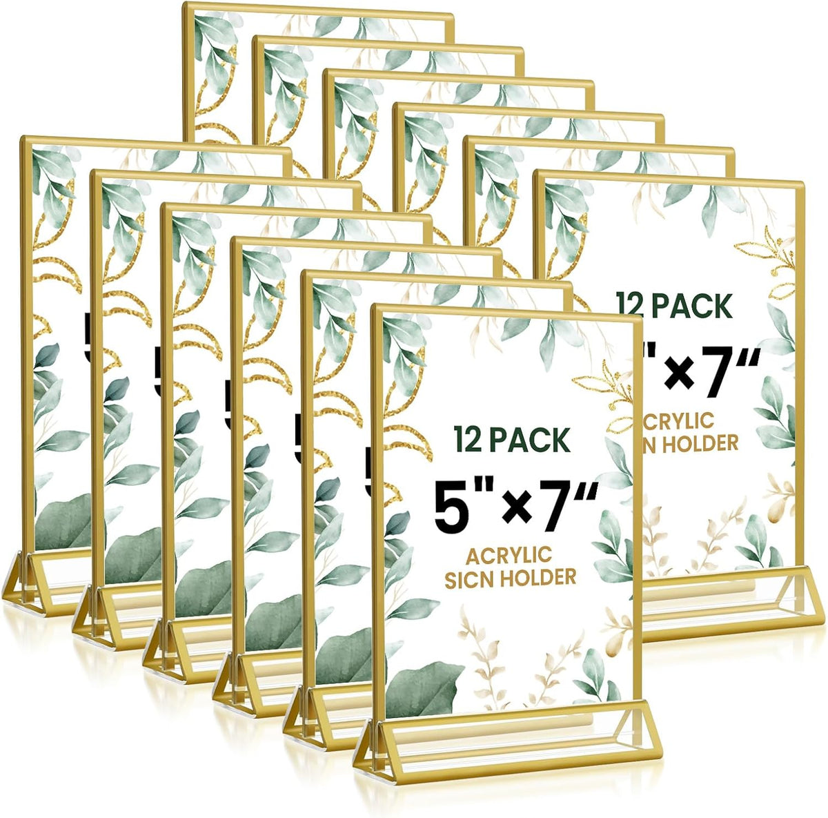 5x7 Gold Acrylic Sign Holder, 12 Pack Wedding Table Number Stands With Vertical Gold Borders