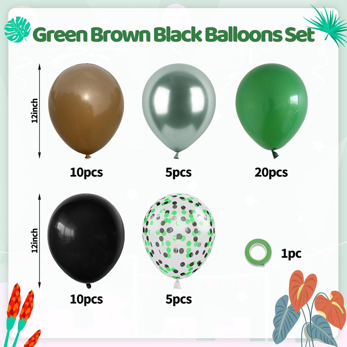 Paready Green and Brown Balloons, 50 Pcs Dark Green Black Confetti Balloon Retro Coffee Metallic