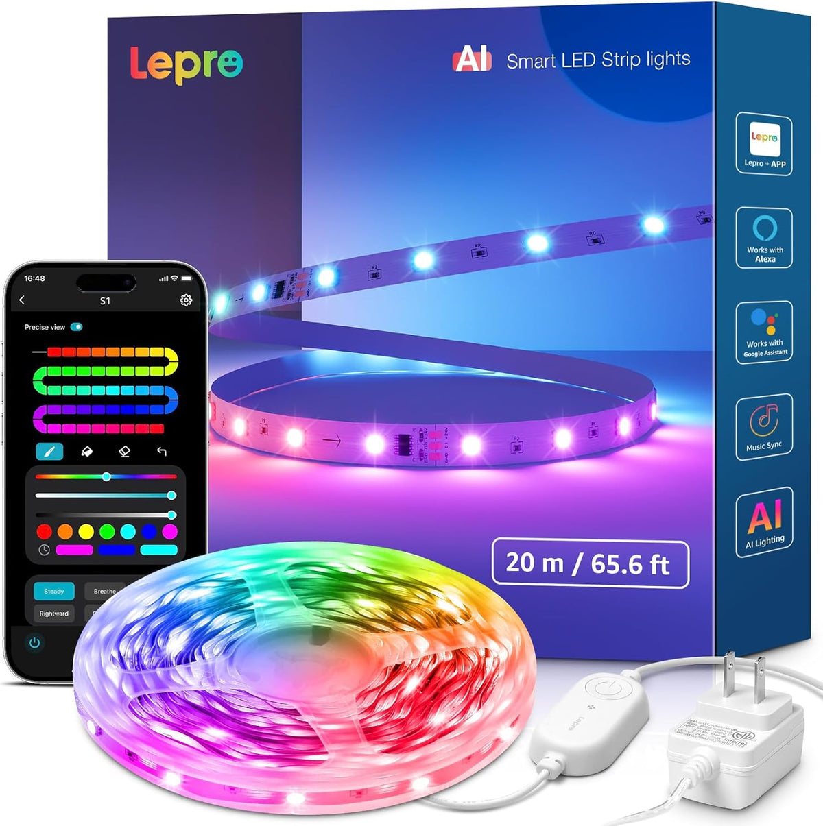Lepro S1 AI LED Strip Lights for Bedroom - 65.6ft Smart RGB Light Strips with IC and Rainbow