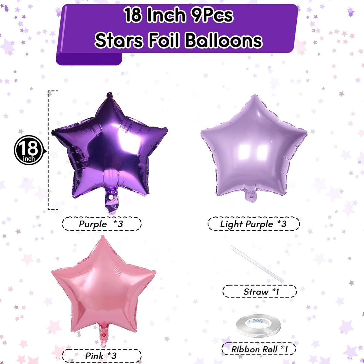TAOYE Purple Pink Stars Foil Balloons, 18 Inch Lavender Purple Pink Stars Helium Balloons Dark