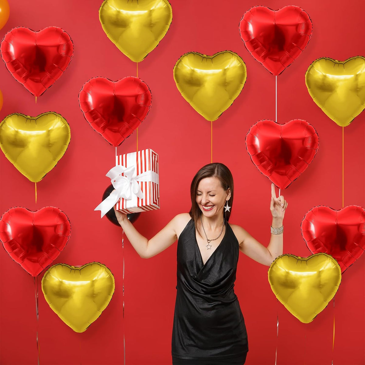 Red Gold Heart Balloons,12Pcs Red Heart Shaped Foil Balloons,18Inch Gold Helium Polyester Film