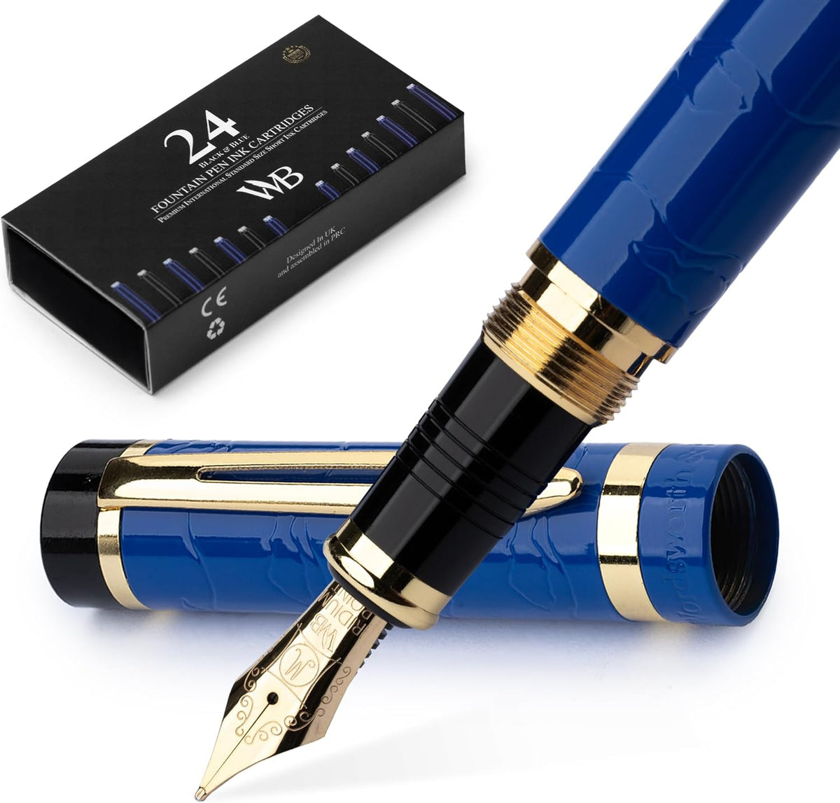 Wordsworth & Black Primori Fountain Pen Set - Blue Gold, Medium Nib, Gift Case, 24 Ink Cartridges