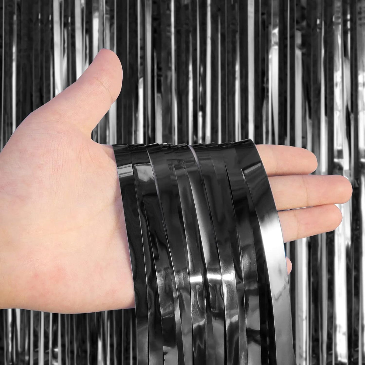 2 Pack Black Fringe Curtains Foil Shiny Fringe Backdrop Tinsel Door Streamers Foil Curtains for