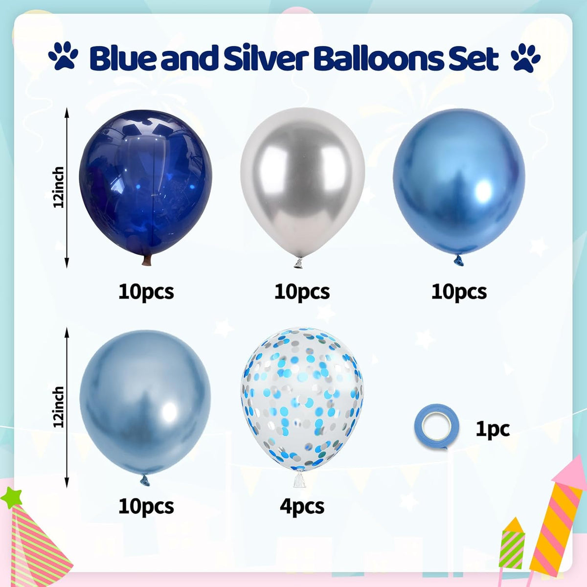 Paready Blue Silver Balloons, 50PCS Navy Royal Blue Balloons, 12 Inch Confetti Balloon Metallic