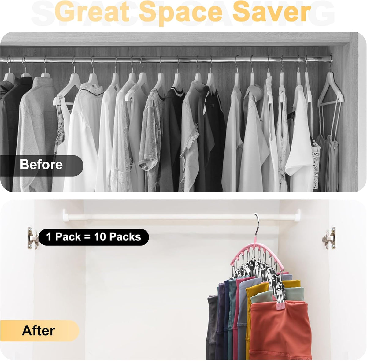Metal Yoga Pants Hangers 1 Pack w/10 Clips Holds 10 Leggings, Space Saving Hanging Closet Organizer