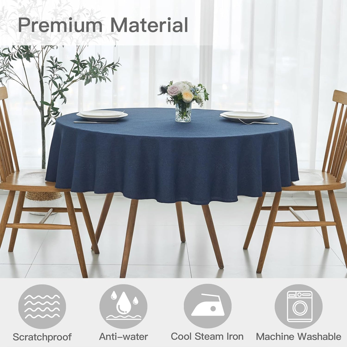 maxmill Round Linen Textured Tablecloth Spill-Proof Stainproof Wrinkle Free Washable Fabric Table