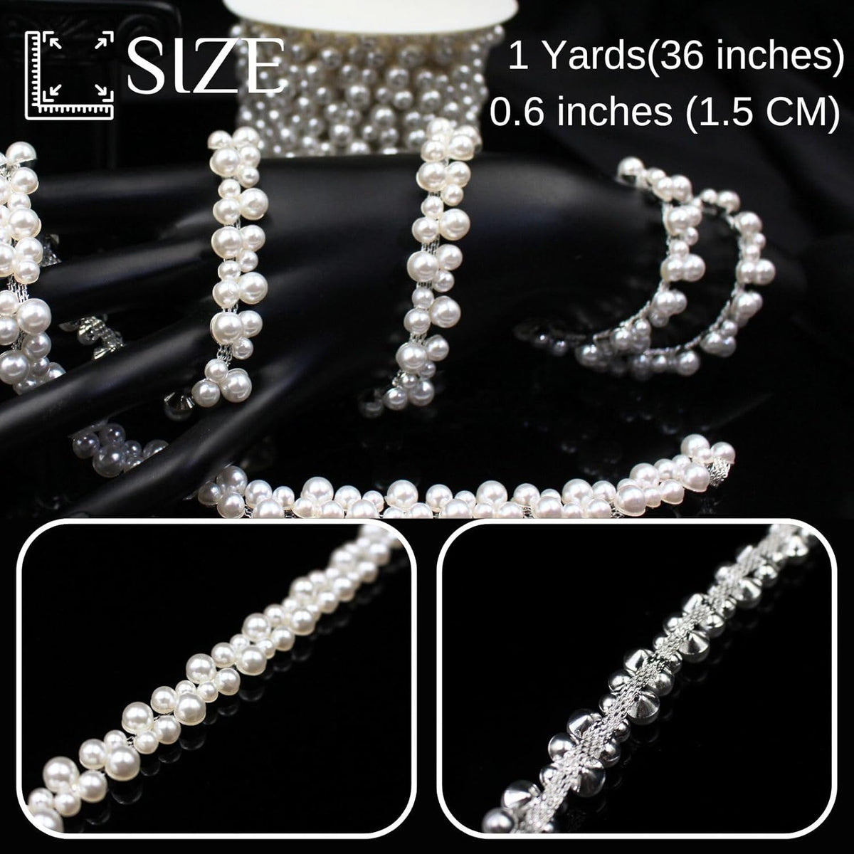 1 Yard Pearl Trim Chain String Silver Applique Fringe Ribbon Strips Beads Sewing Dress DIY Party