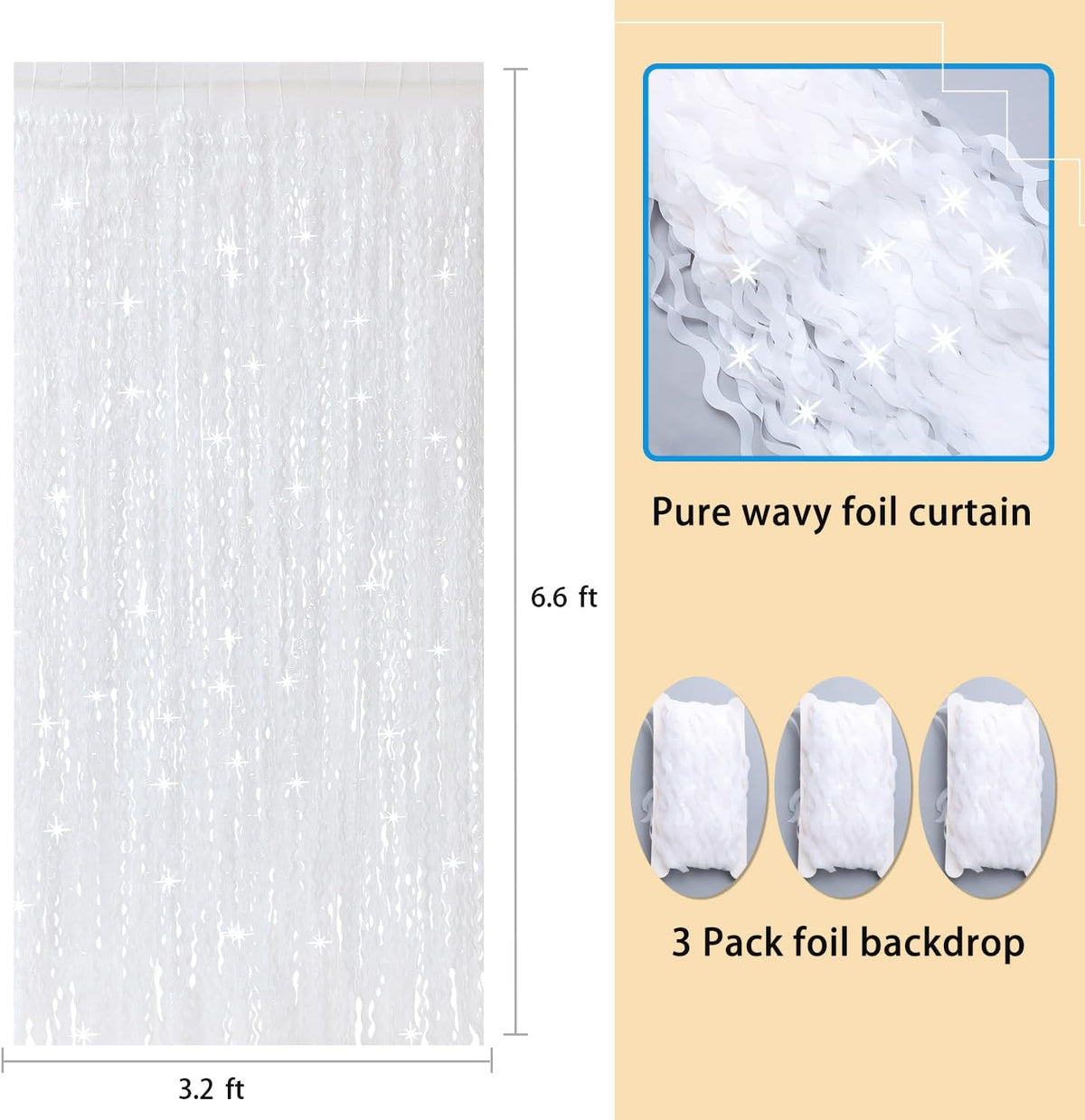 3Pcs Wavy White Metallic Tinsel Curtain Foil Fringe Backdrop,3.3 ft x 6.6 ft Streamer Photo Booth