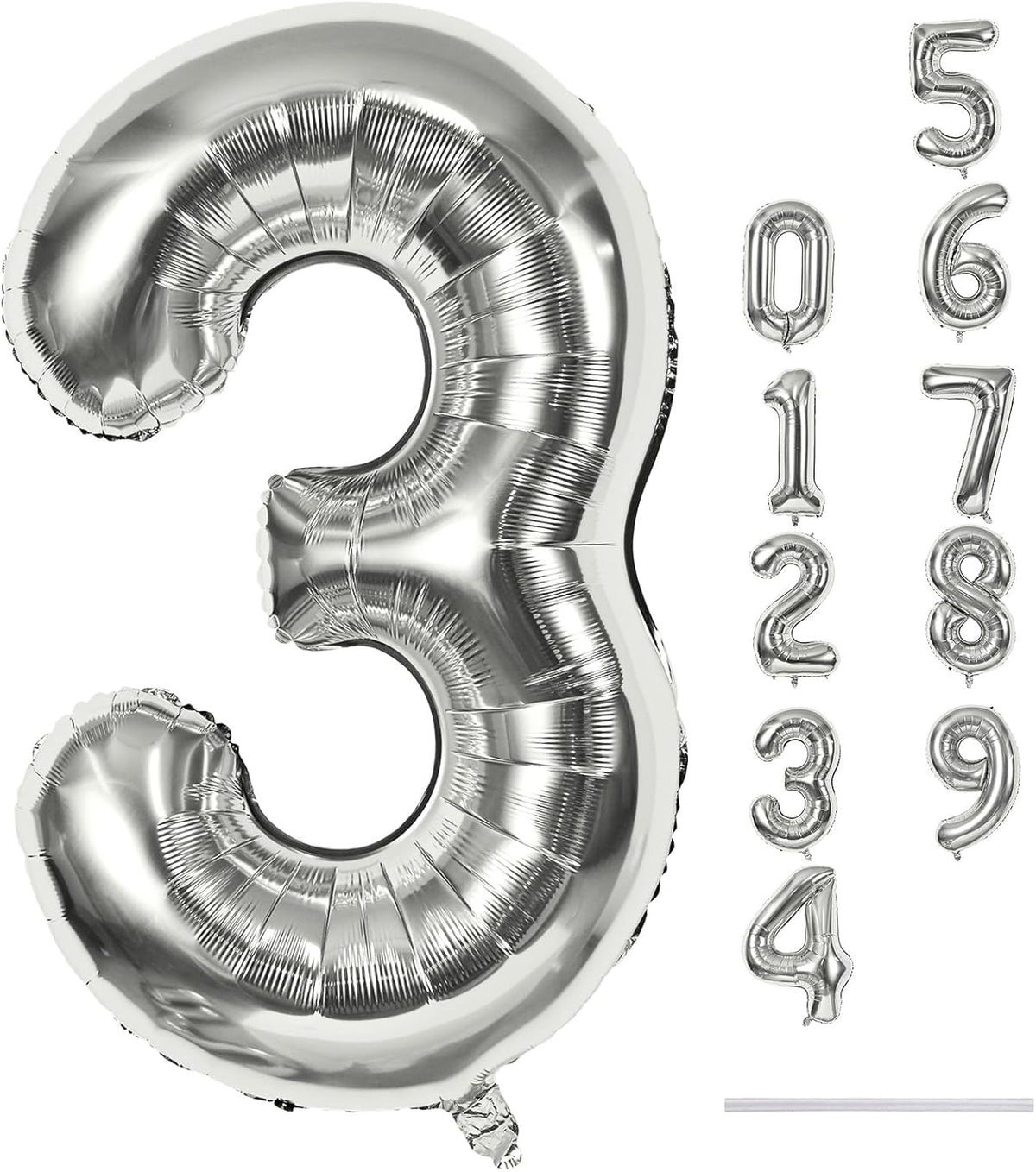 Silver 3 Balloons, 40 Inch Giant Helium Foil Number 0-9 Silver 3rd Birthday Balloon for Boys Girls