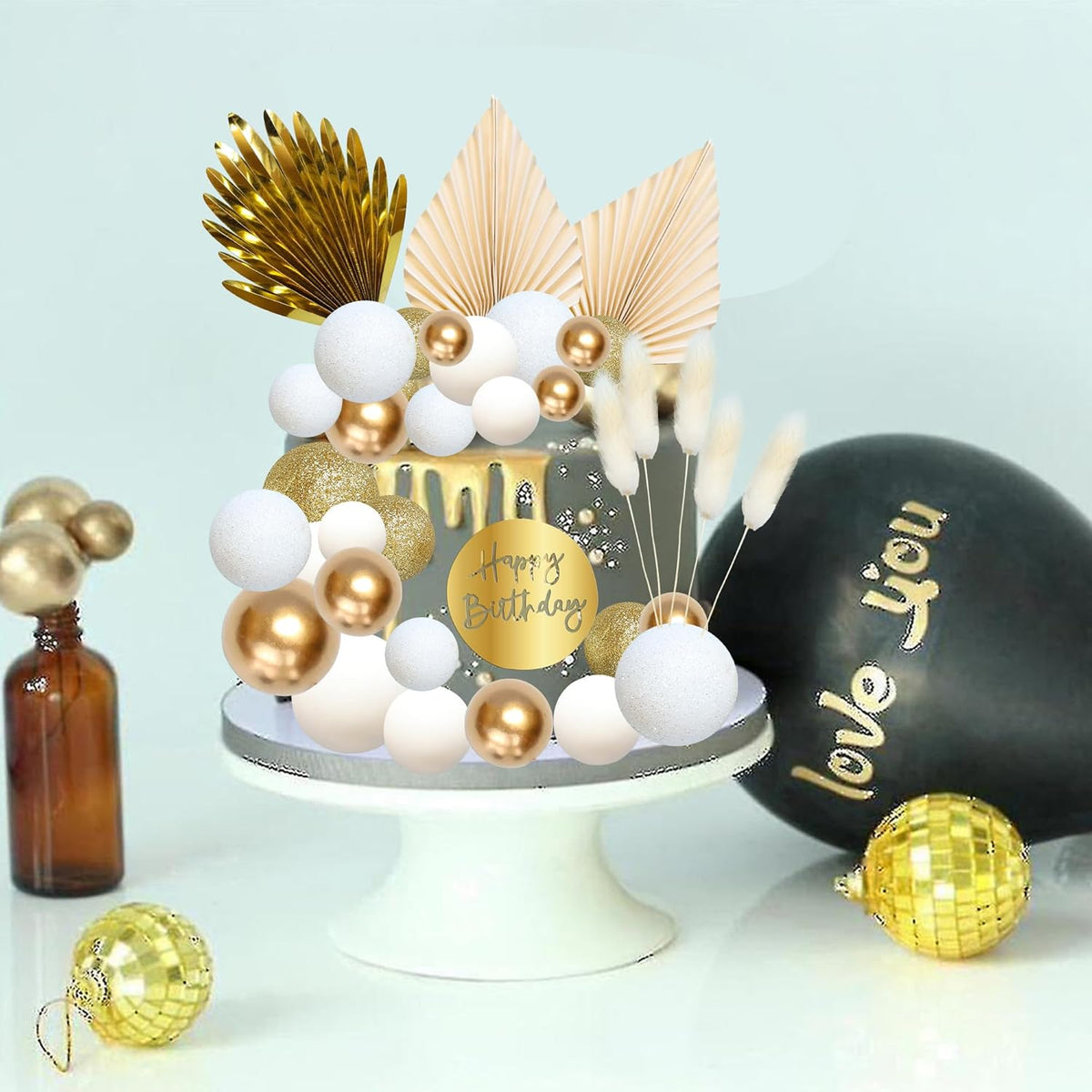 Ephlyn 33 Pack Balls Cake Toppers Boho Palm Leaves Cake Decorations Round Acrylic Happy Birthday