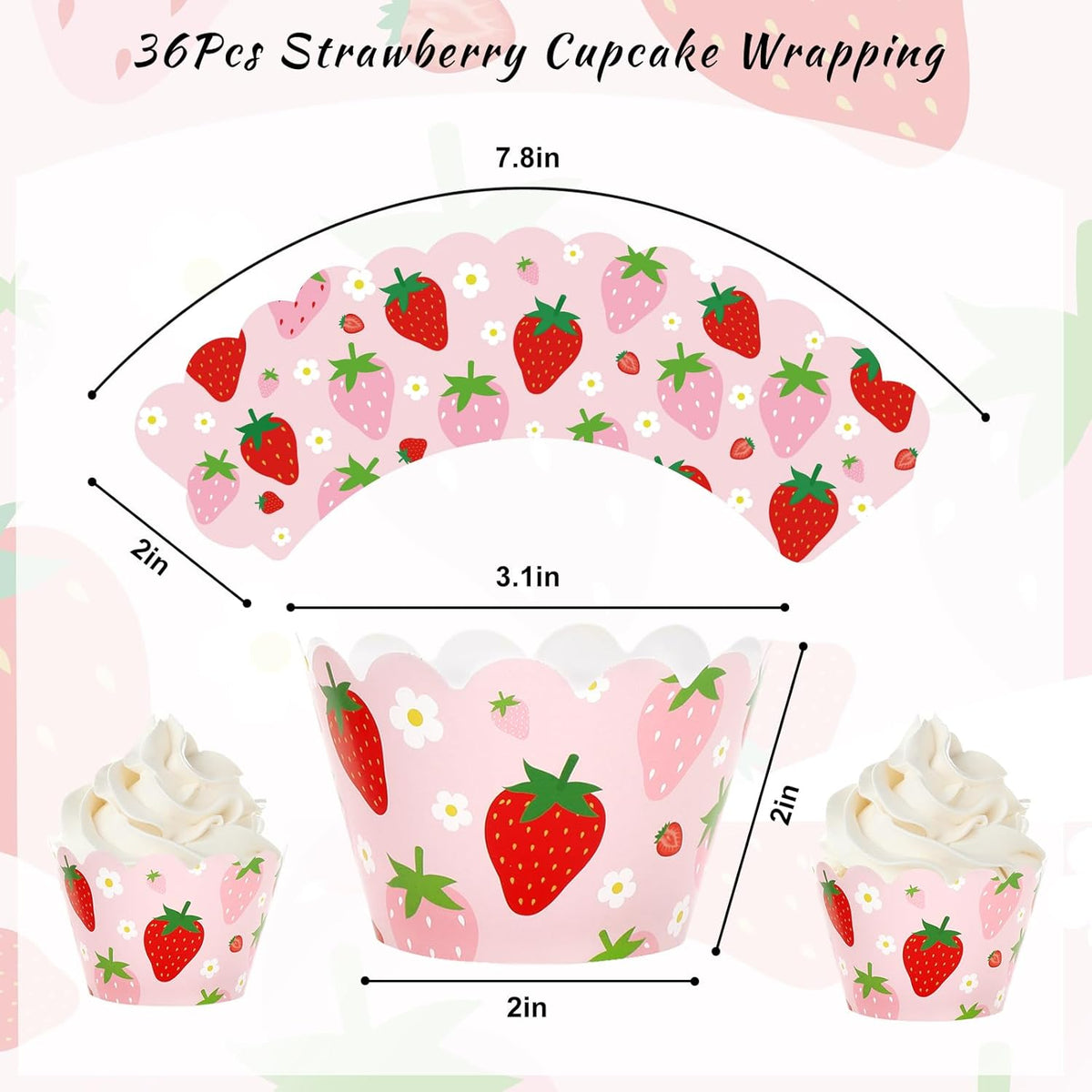 Whaline 36Pcs Strawberry Cupcake Wrappers Red Pink Strawberry Flower Cupcake Liners Decorative
