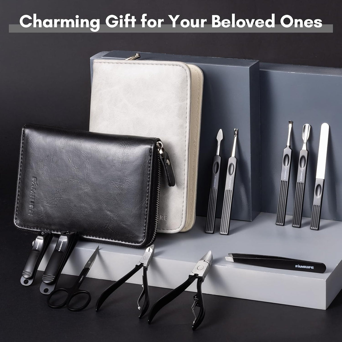 FAMILIFE Professional Manicure Set, Manicure Kit, Nail Clippers Set, 11 in 1 Stainless Steel Black