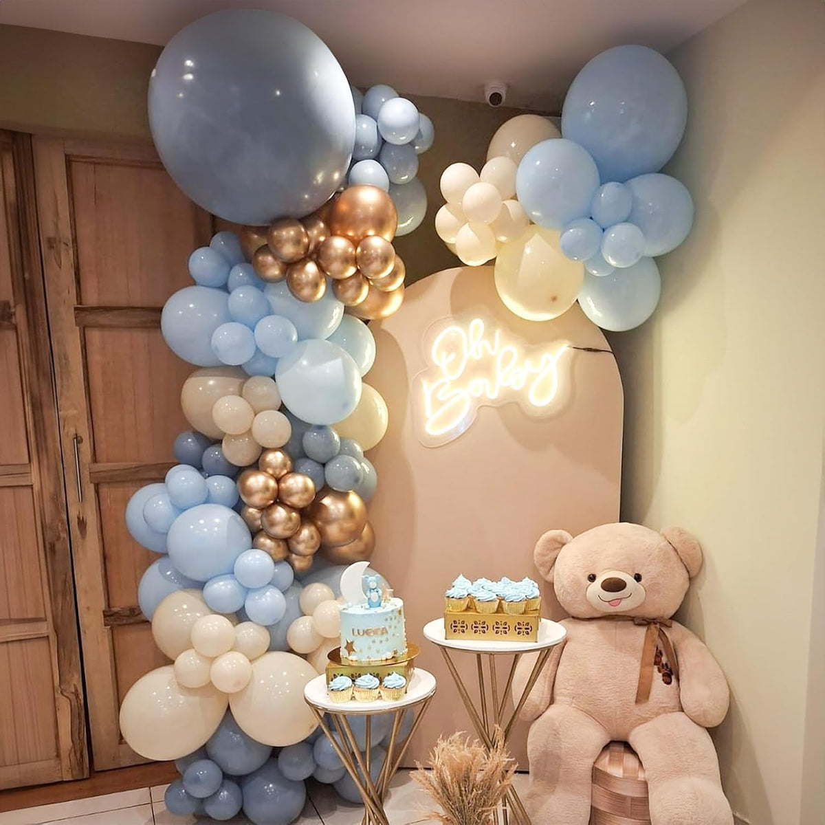 Dusty Blue Beige Balloons, 12 Inch Fog Blue Sand White Balloons with Cream Ivory Metallic Gold
