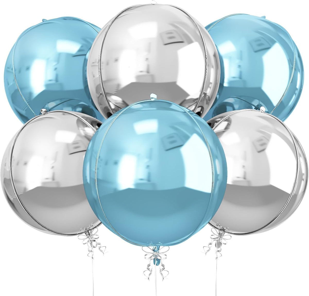 6Pcs Blue Silver Round Foil Balloons, 22inch 4D Metallic Silver Blue Balloons, Large Round Foil