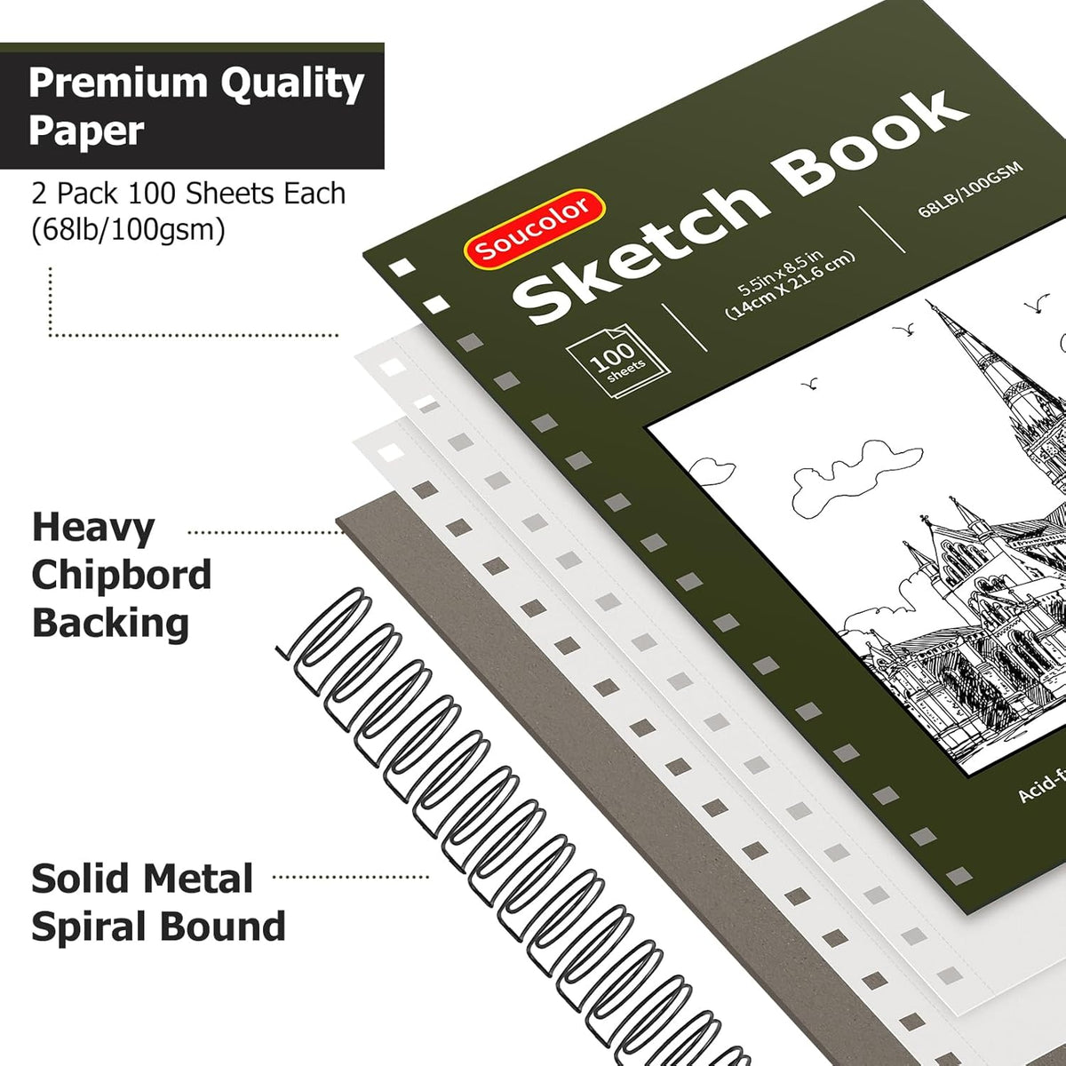 Soucolor 5.5" x 8.5" Sketchbook Pack of 2, 200 Sheets Blank Journal Notebook, A5, Spiral Bound