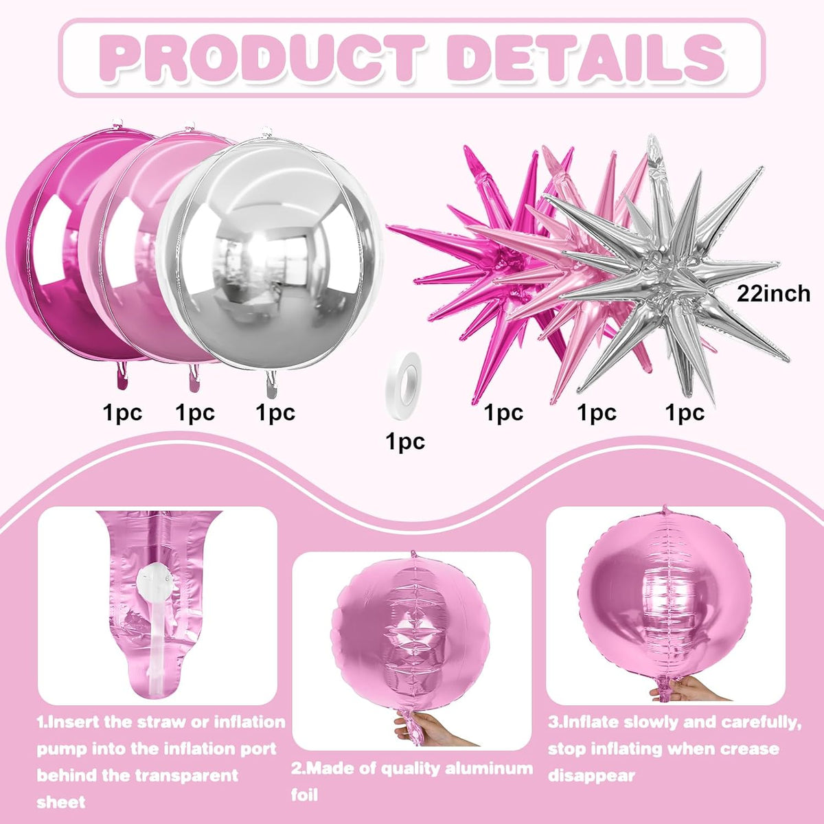 6Pcs Pink Silver Foil Balloons,22Inch Hot Pink Silver 4D Round Ball Balloon and Explosion Star