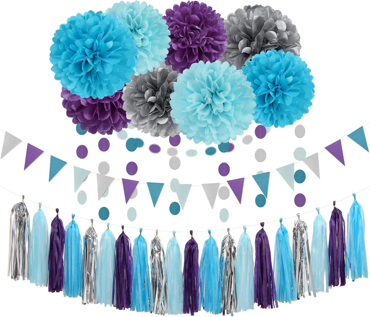 Purple-Blue Silver Frozen Christmas Party-Decorations - 30pcs Tissue Pom Poms Streamers,Winter Girl
