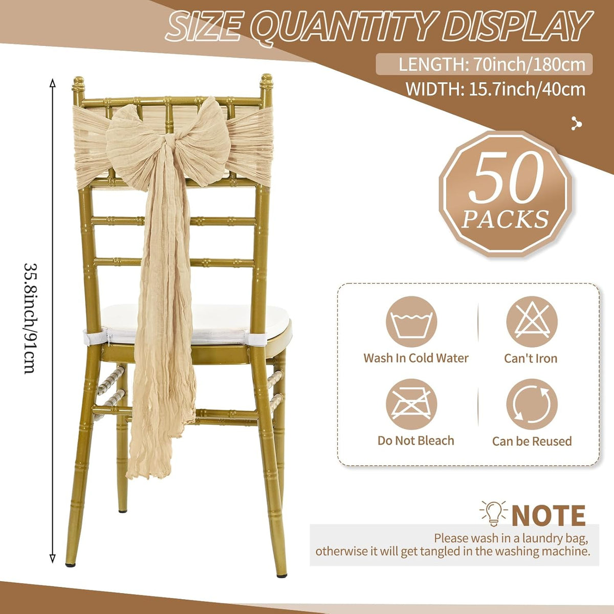 50 PCS Cheesecloth Chair Sashes Bows Wedding Aisle Decorations Chair Ribbon Ties Back Sash for