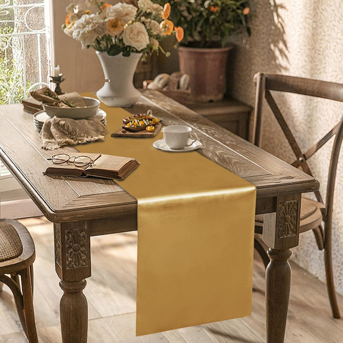 10 Pack Satin Table Runner 12 x 108 Inch Long Old Gold Silk Table Runner for Wedding Party Banquet